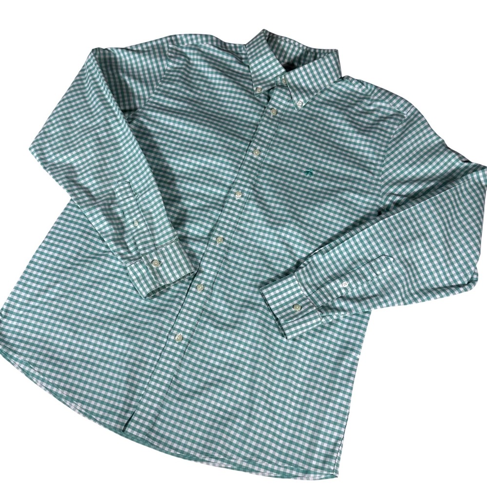 Brooks Brothers Button Down Shirt Mens L Green Gingham Non-Iron Stretch Regular